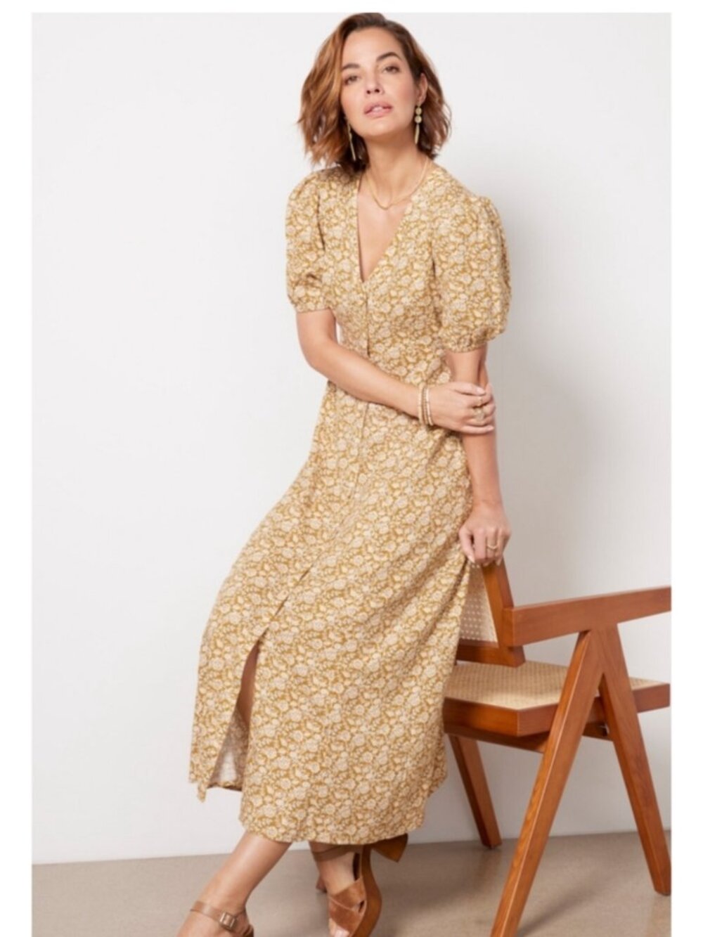 Faherty Havana Linen Blend Midi Dress in Golden Theodora Floral